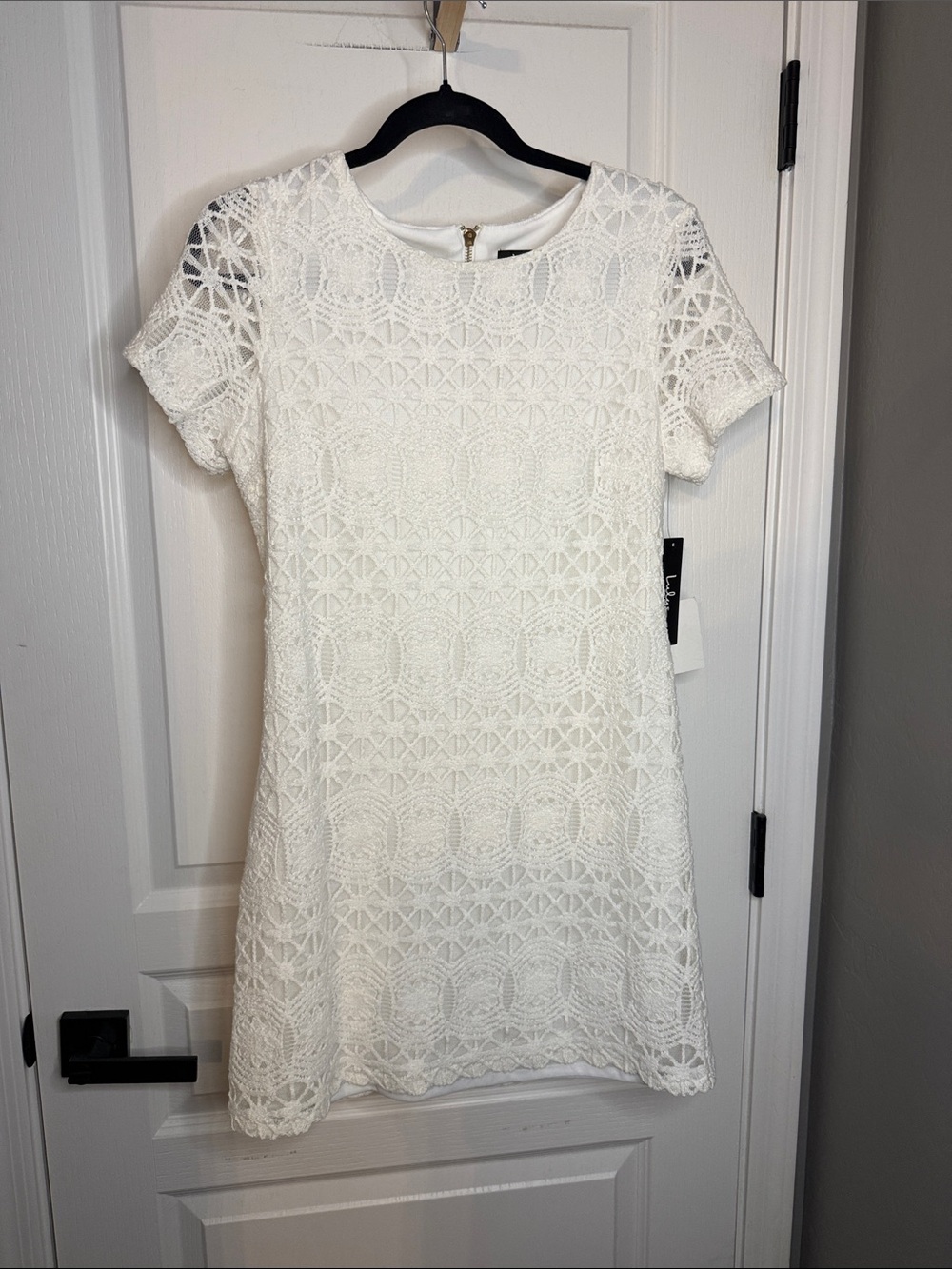 Lulu's White Geometric Lace Short Sleeve Mini Dress